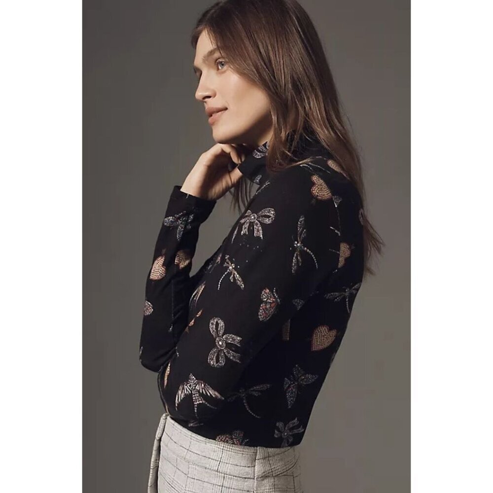 Maeve The Hailey Printed Turtleneck Top Long-Sleeve Women's Size S Black